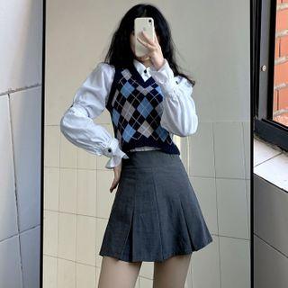 Argyle Knit Vest / Long-sleeve Shirt / Mini A-line Skirt
