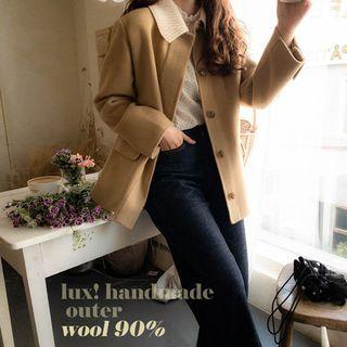 Detachable Rib-knit Collar Wool Blend Jacket Beige - One Size