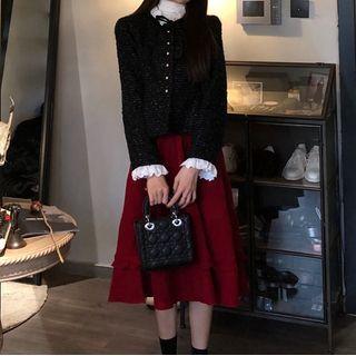 Ruffle Trim Button Jacket / Midi A-line Skirt