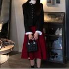Ruffle Trim Button Jacket / Midi A-line Skirt