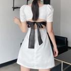 Puff-sleeve Square Neck Cutout-back Mini A-line Dress