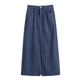 Striped Denim Midi A-line Skirt