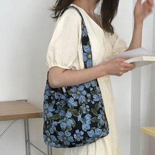 Floral Print Tote Bag Blue Floral - Black - One Size