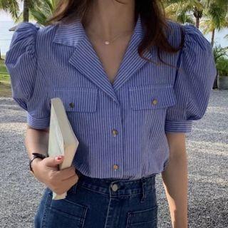 Puff-sleeve Notch Lapel Striped Blouse