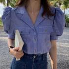 Puff-sleeve Notch Lapel Striped Blouse