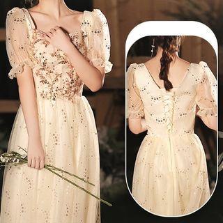 Puff-sleeve Sequined A-line Bridesmaid Dress (various Designs)