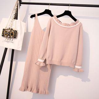 Set: Frilled Sweater + V-neck Knit Tank Dress