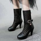 Lace Panel Buckle Detail High Heel Boots