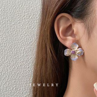 Flower Glaze Earring 1 Pair - Silver Needle - Stud Earrings - Yellow & Purple - One Size