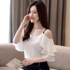Cold-shoulder Ruffled Bell-sleeve Chiffon Blouse