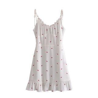 Spaghetti Strap Ruffle Trim Heart Print Mini A-line Dress
