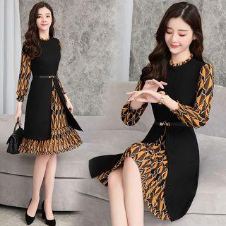 Waist-tied Patterned Mock Two-piece Dress
