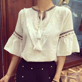 Patterned Trim Elbow-sleeve Top