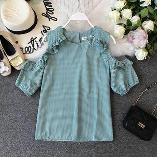 Gingham Elbow-sleeve Cold-shoulder Ruffle Blouse
