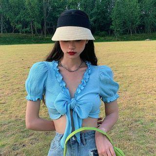 V-neck Plain Ruffle Bow Striped Cropped Top