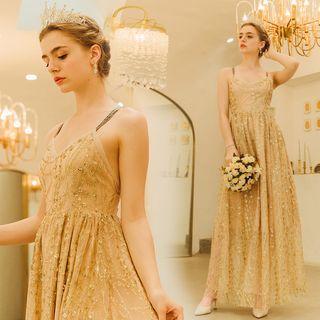 Cross Back Embroidered Evening Gown