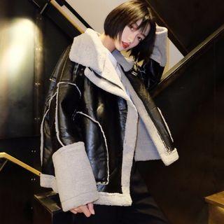 Faux Leather Fleece-lined Side-zip Biker Jacket