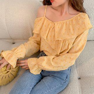 Asymmetrical Cold-shoulder Ruffle Trim Floral Blouse