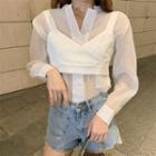 Long-sleeve Plain Shirt + Lace Up Plain Top White - One Size