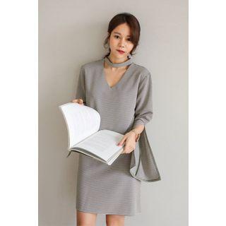 Slit Long-sleeve Cutout-front Checked Shift Dress