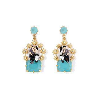 Fashion Romantic Plated Gold Enamel Paris Lovers Blue Cubic Zirconia Earrings Golden - One Size