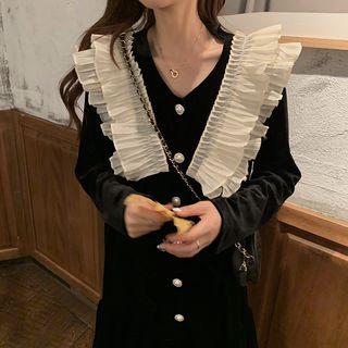 Frilled Velvet Long-sleeve Dress Black - One Size