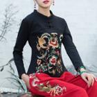 Embroidered Fleece-lined Long-sleeve Top