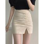 Shirred Slit Mini Pencil Skirt