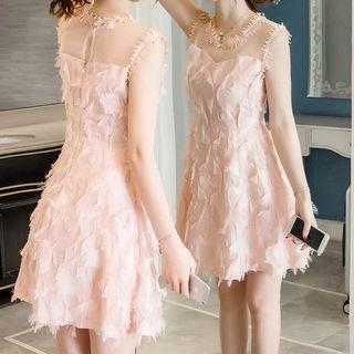 Sleeveless Mesh Panel Fringed A-line Dress