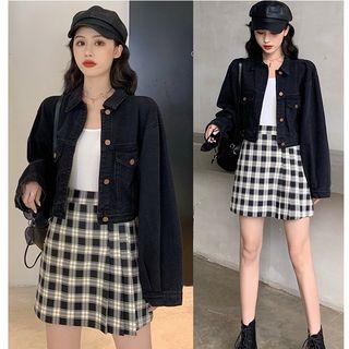 Cropped Denim Jacket / Plaid High-waist Mini A-line Skirt