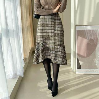 Wrap-front Plaid Long Mermaid Skirt
