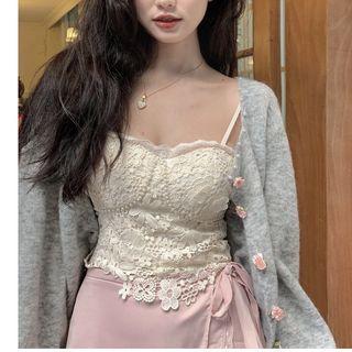 Lace Camisole Top / Cropped Cardigan / Mini Wrap Skirt