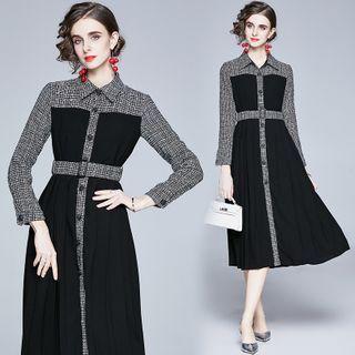 Long-sleeve Tweed Panel Midi Shirtdress