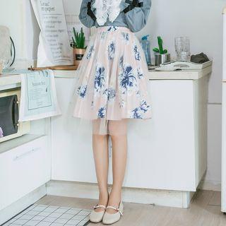 Flower Print Mesh Overlay A-line Skirt As Shown In Figure - One Size
