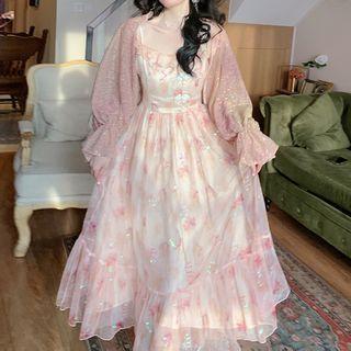 Spaghetti Strap Floral Sequin Midi A-line Dress