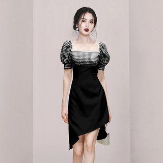 Puff-sleeve Square Neck Plaid Panel Asymmetrical Sheath Dress