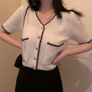 Contrast Trim V-neck Knit Cropped Cardigan