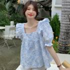 Puff-sleeve Square Neck Ruffle Trim Embossed Flowy Blouse Blue - One Size