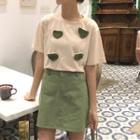 Heart Detail Short-sleeve T-shirt / High Waist A-line Skirt