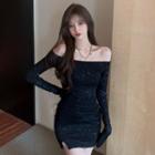 Long Sleeve Off-shoulder Split Dress Black - One Size