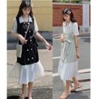 Mock Two-piece Elbow-sleeve Double Breasted Midi Dress