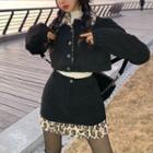 Leopard Print Panel Cropped Button-up Jacket / Mini Pencil Skirt / Mock-neck Top