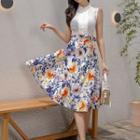 Set: Sleeveless Blouse + Floral Print Midi A-line Skirt