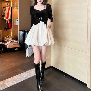 Long-sleeve Two-tone Bow Accent Velvet Mini A-line Dress