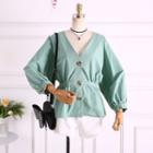 Button Front V-neck Bell-sleeve Blouse