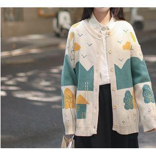 Round Neck Cartoon Jacquard Knit Cardigan