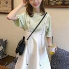 Color-block Striped Crewneck Short-sleeve Top / Plain Strap Dress