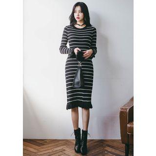 Frill-trim Stripe Knit Bodycon Dress