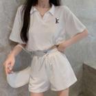 Set: Short-sleeve Letter Embroidered Polo Shirt + Shorts