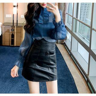 Set: Sheer Blouse + Bandeau + Faux Leather Pencil Skirt